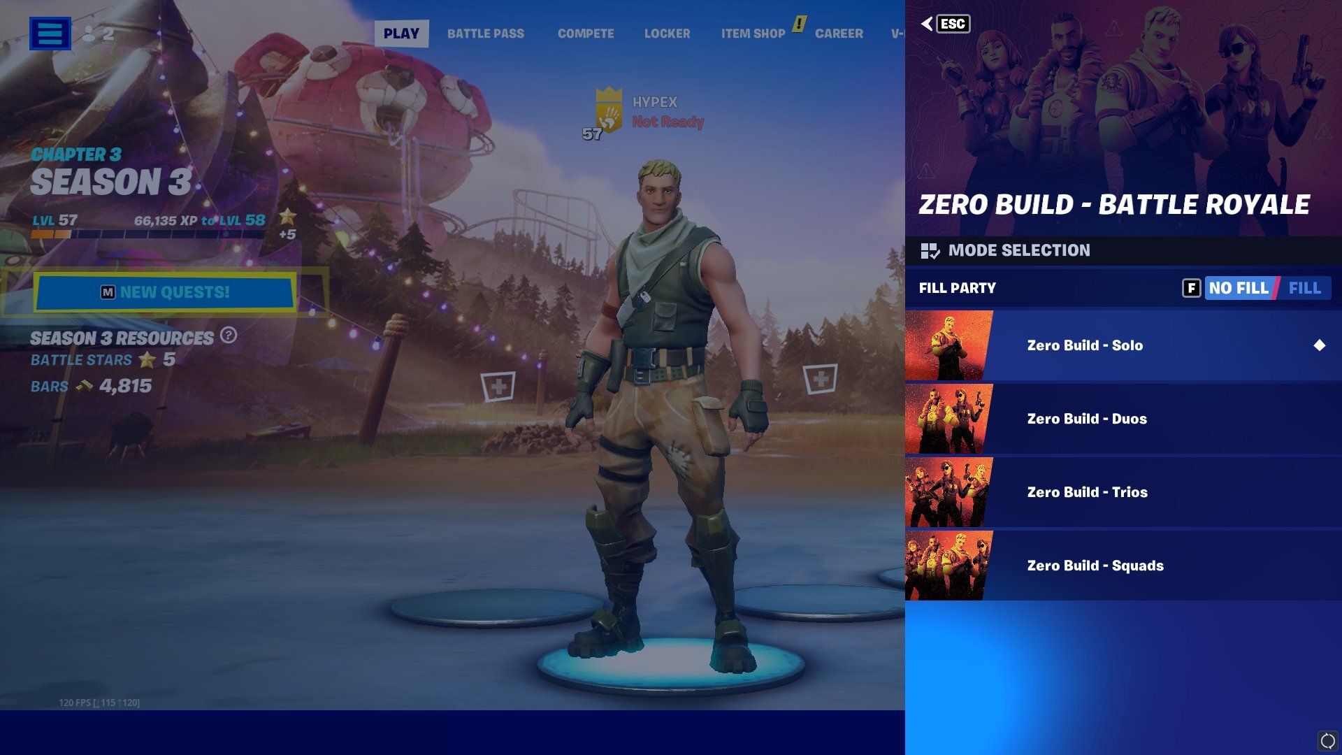 Load into the Lobby in Fortnite - Game Mode Select Screen Removed