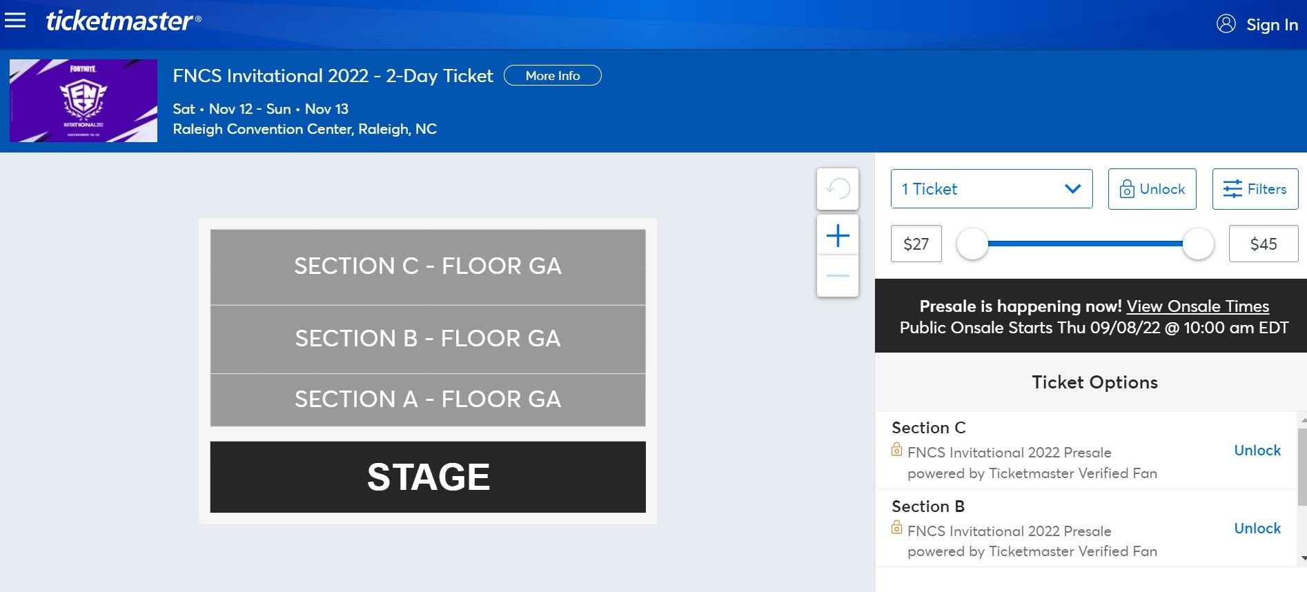 Ticketmaster page for FNCS Invitational 2022 tickets