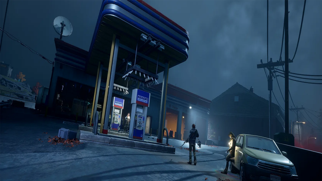 Redfall location of a gas station and enemies standing outside.